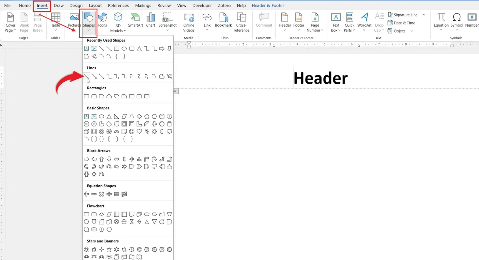 Add a line under a header in Word using the Insert Shapes Line tool