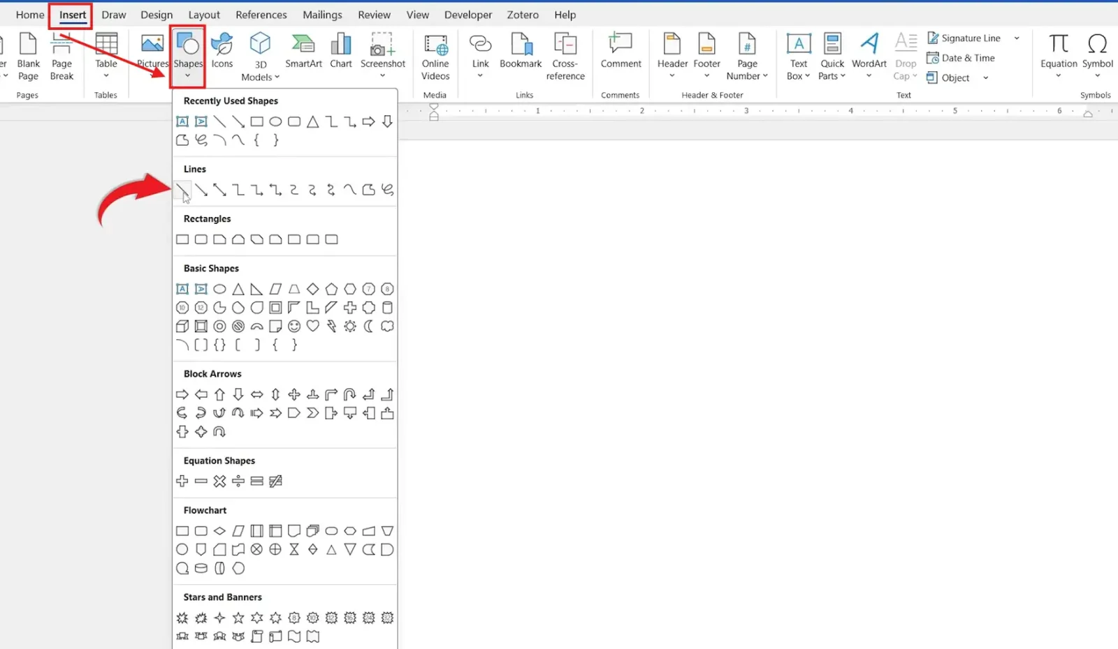 Word Insert tab with Shapes menu open and the straight line tool selected to insert a vertical line in Word