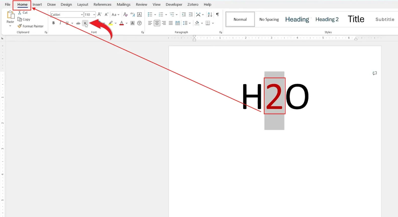 Microsoft Word Home tab showing the Subscript button used to add subscript in Word for the number 2 in H?O.