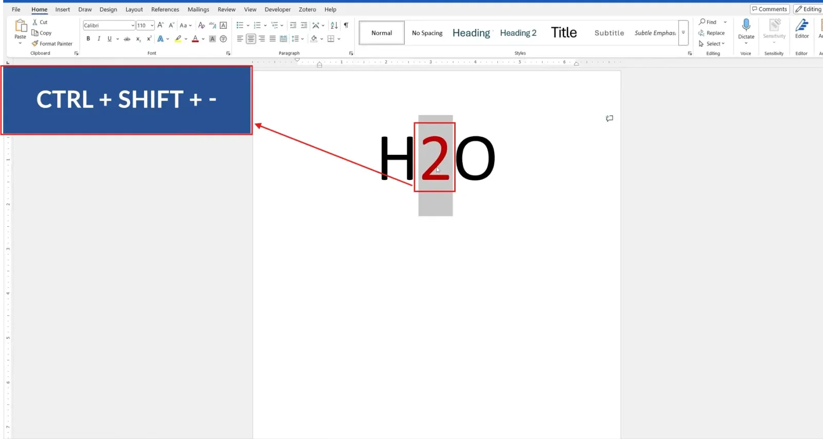 Microsoft Word document showing how to add subscript in Word using the Ctrl plus equals keyboard shortcut on the number 2 in H2O.