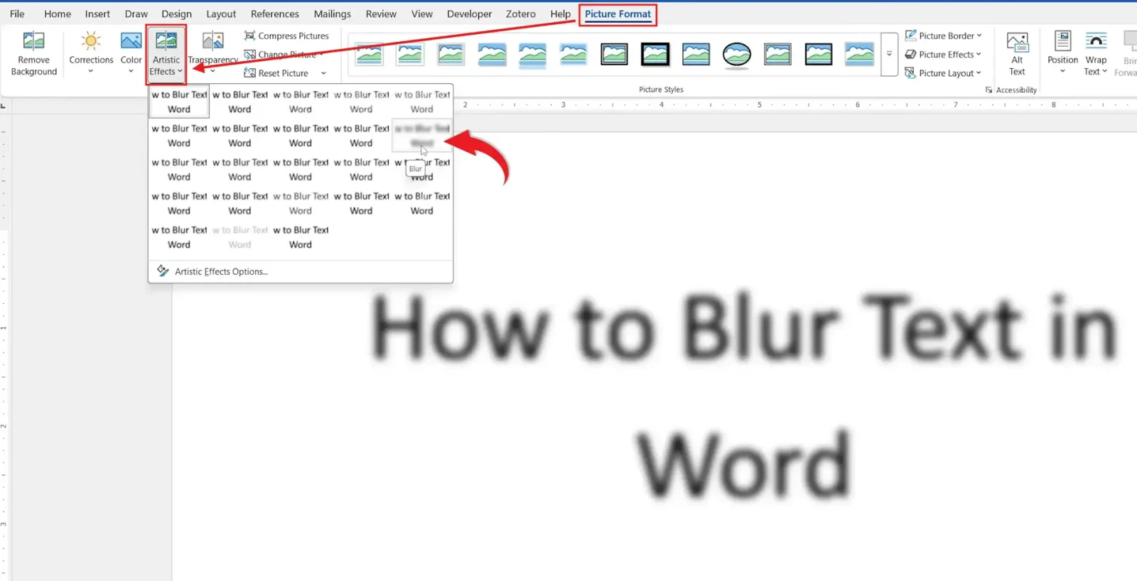 Microsoft Word Picture Format tab showing the Artistic Effects menu with the Blur option selected to blur text in Word.