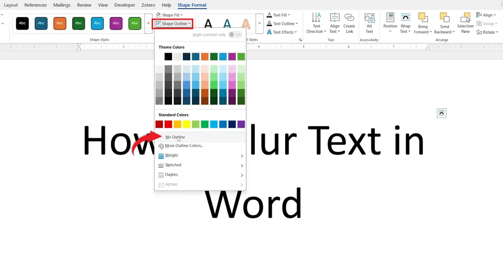 Microsoft Word Shape Format tab showing Shape Outline set to No Outline to prepare text for the blur text in Word method.