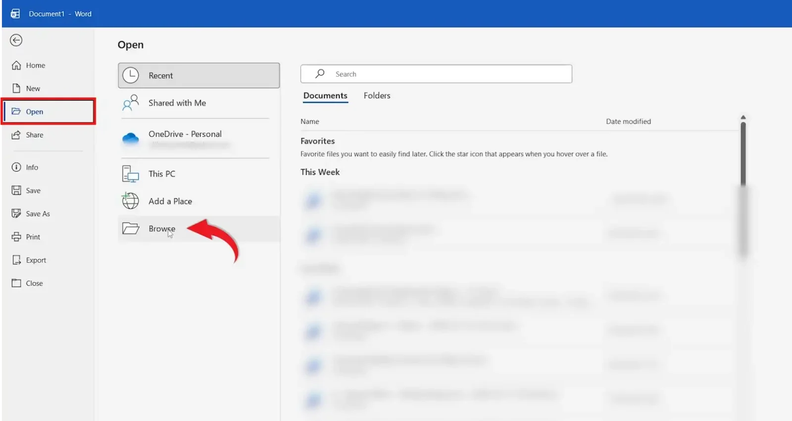 Microsoft Word Open screen with the Browse option highlighted to select a PDF file.