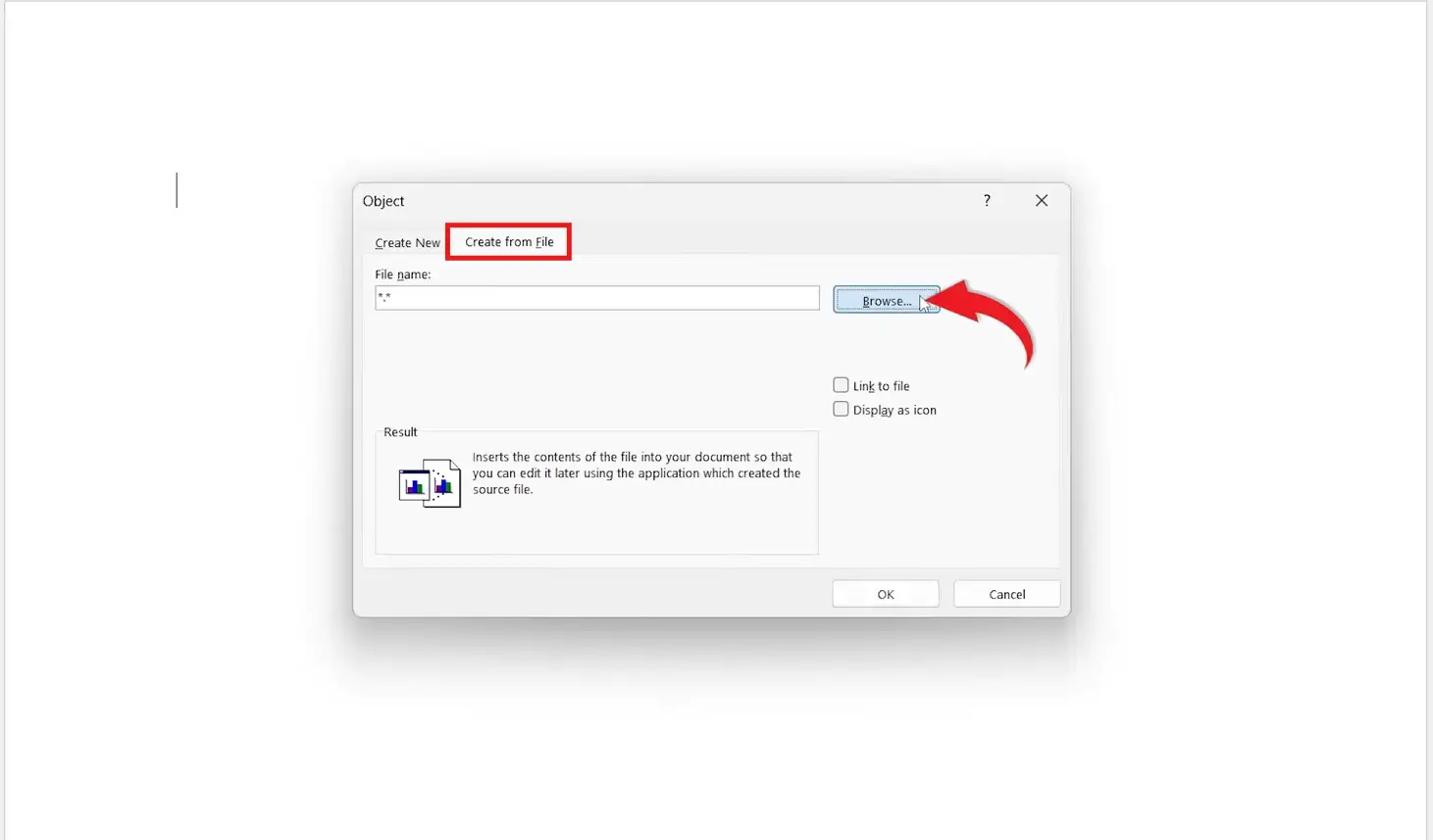 Word Object dialog showing Create from File and Browse options to insert a PDF into Word.