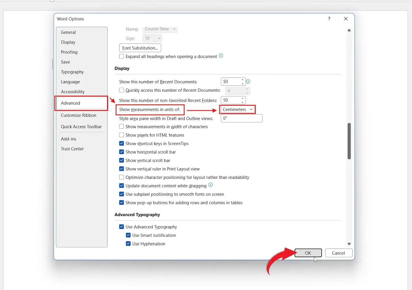 Microsoft Word Advanced Options showing the Show measurements in units of dropdown set to change inches to centimeters in Word.
