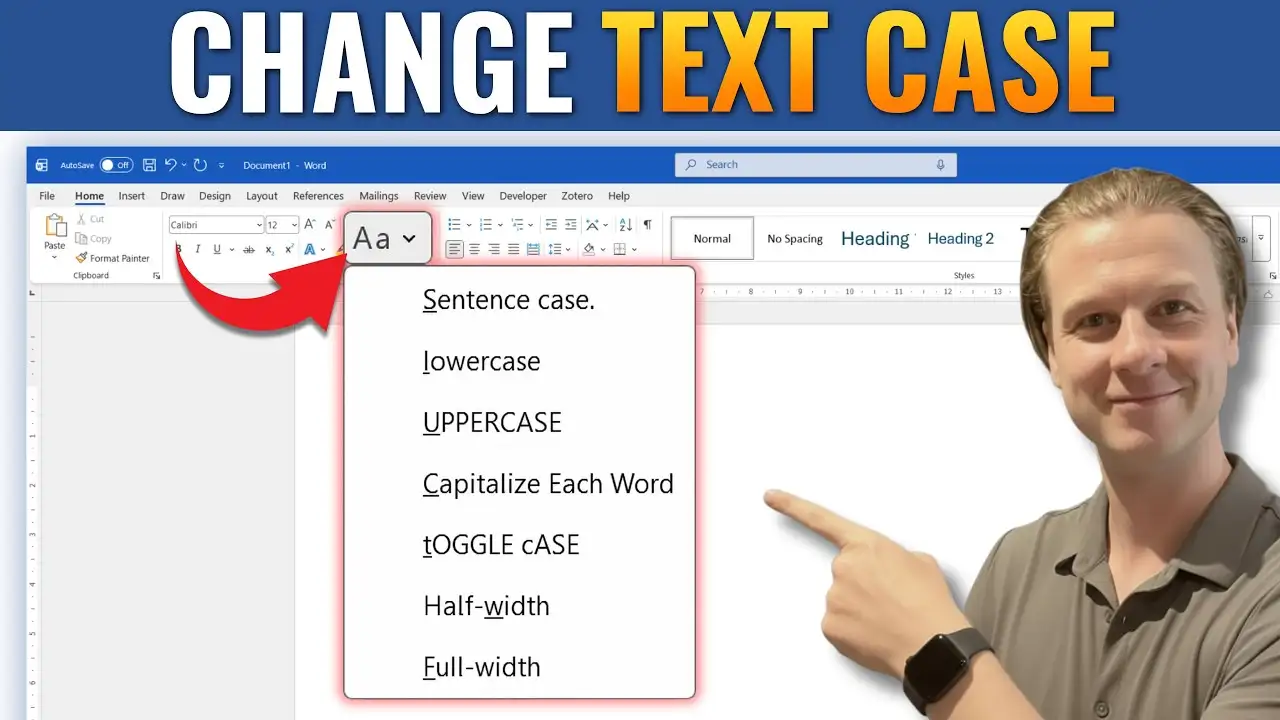 Microsoft Word Change Text Case feature showing options for uppercase, lowercase, sentence case, capitalize each word, and toggle case.