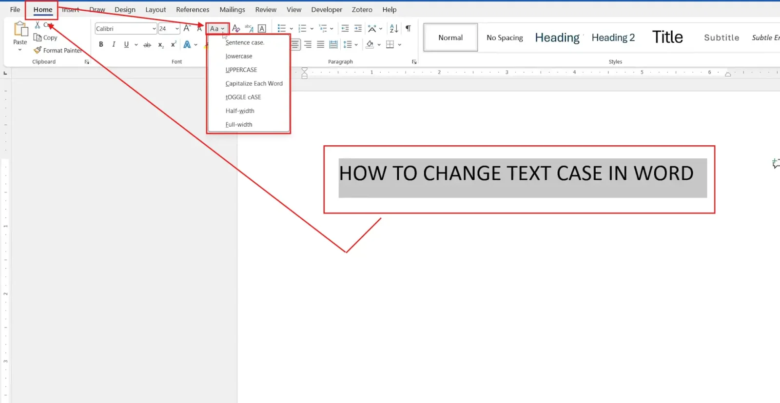 Change text case in Word - Change Case dropdown with uppercase, lowercase, sentence case options