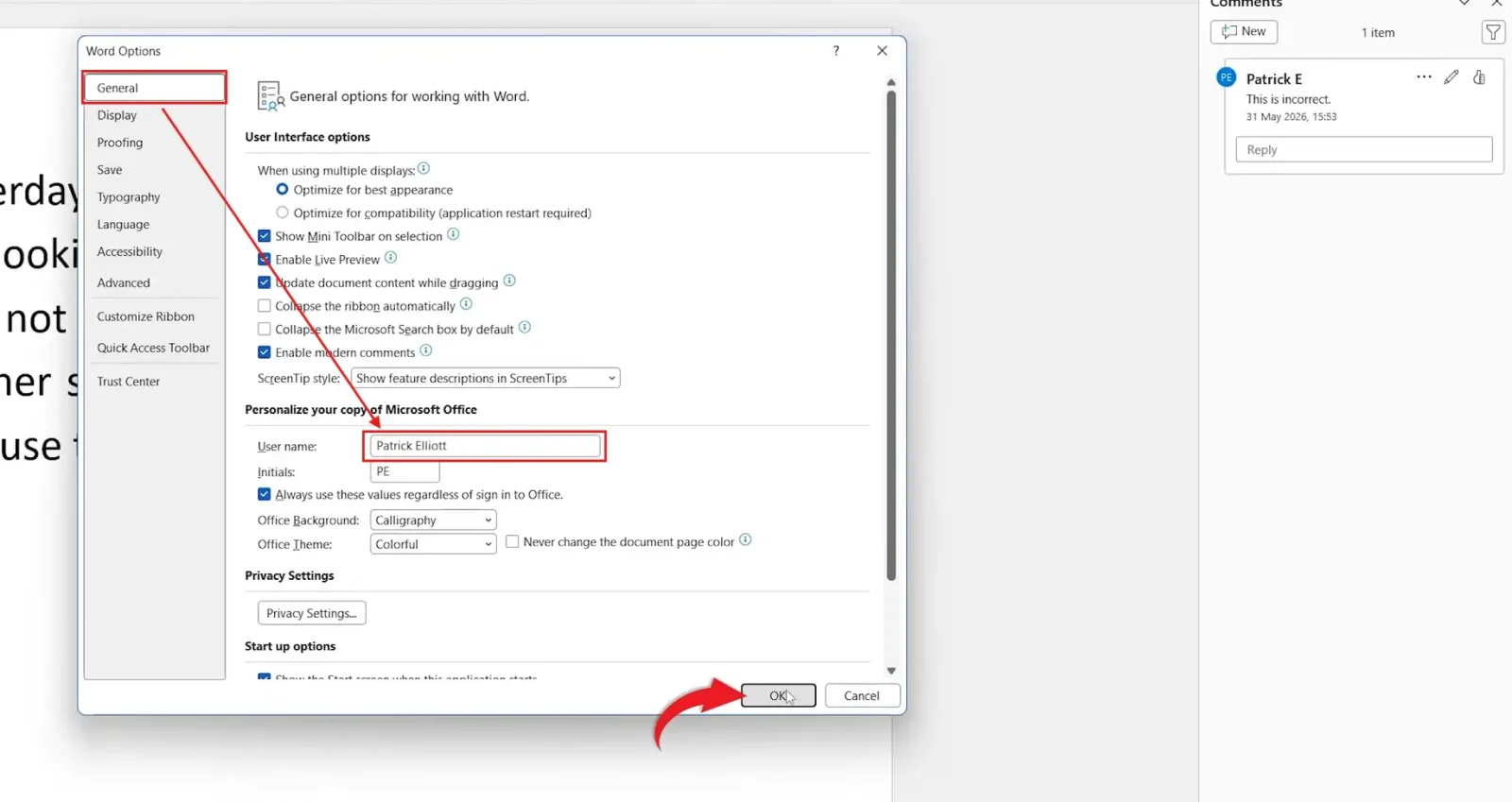 Microsoft Word Options window showing the User name and Initials fields used to change your username for Track Changes in Word.