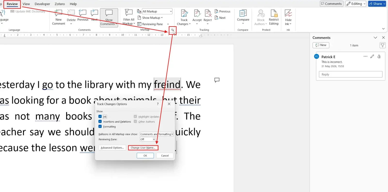Microsoft Word Review tab showing the Track Changes options with the Change User Name setting used to change your username for Track Changes in Word.