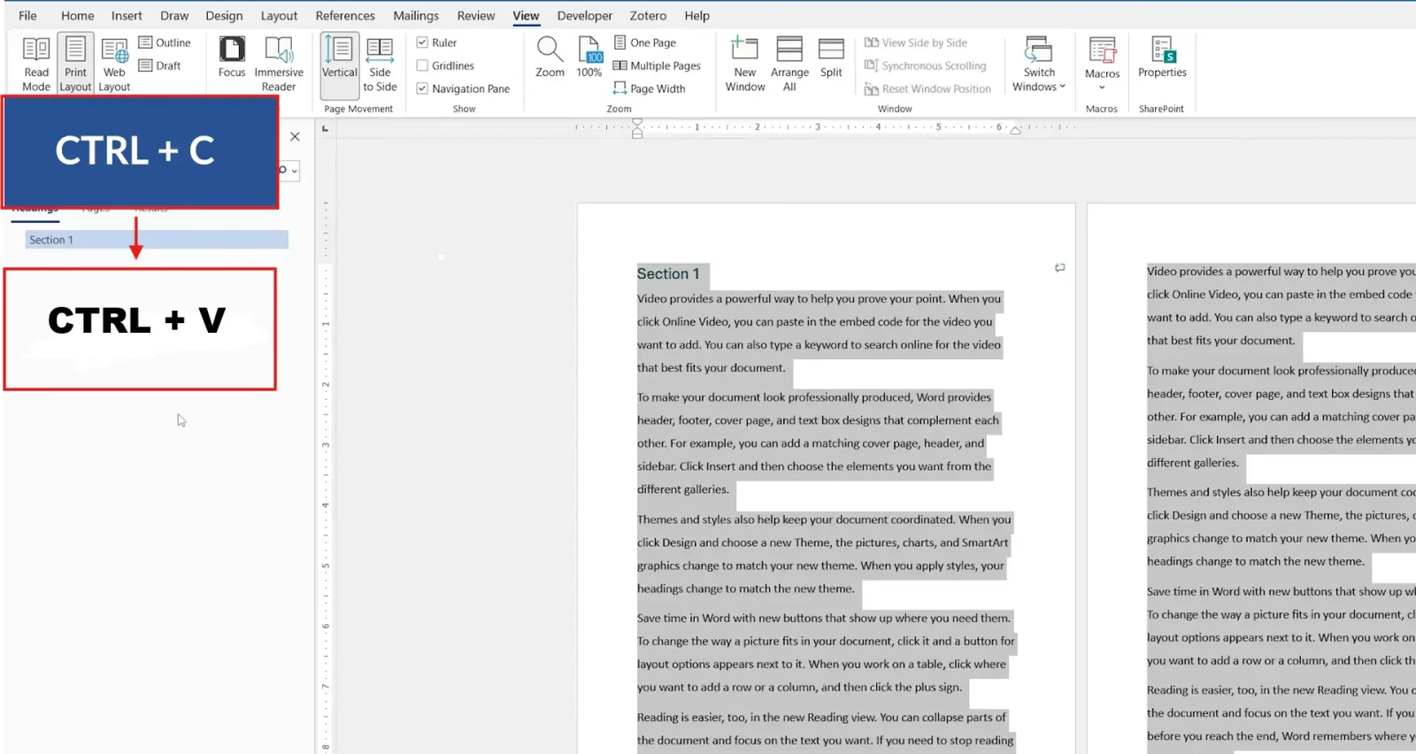 Word Navigation Pane with Select Heading and Content option highlighted to duplicate a page in Word by copying an entire section