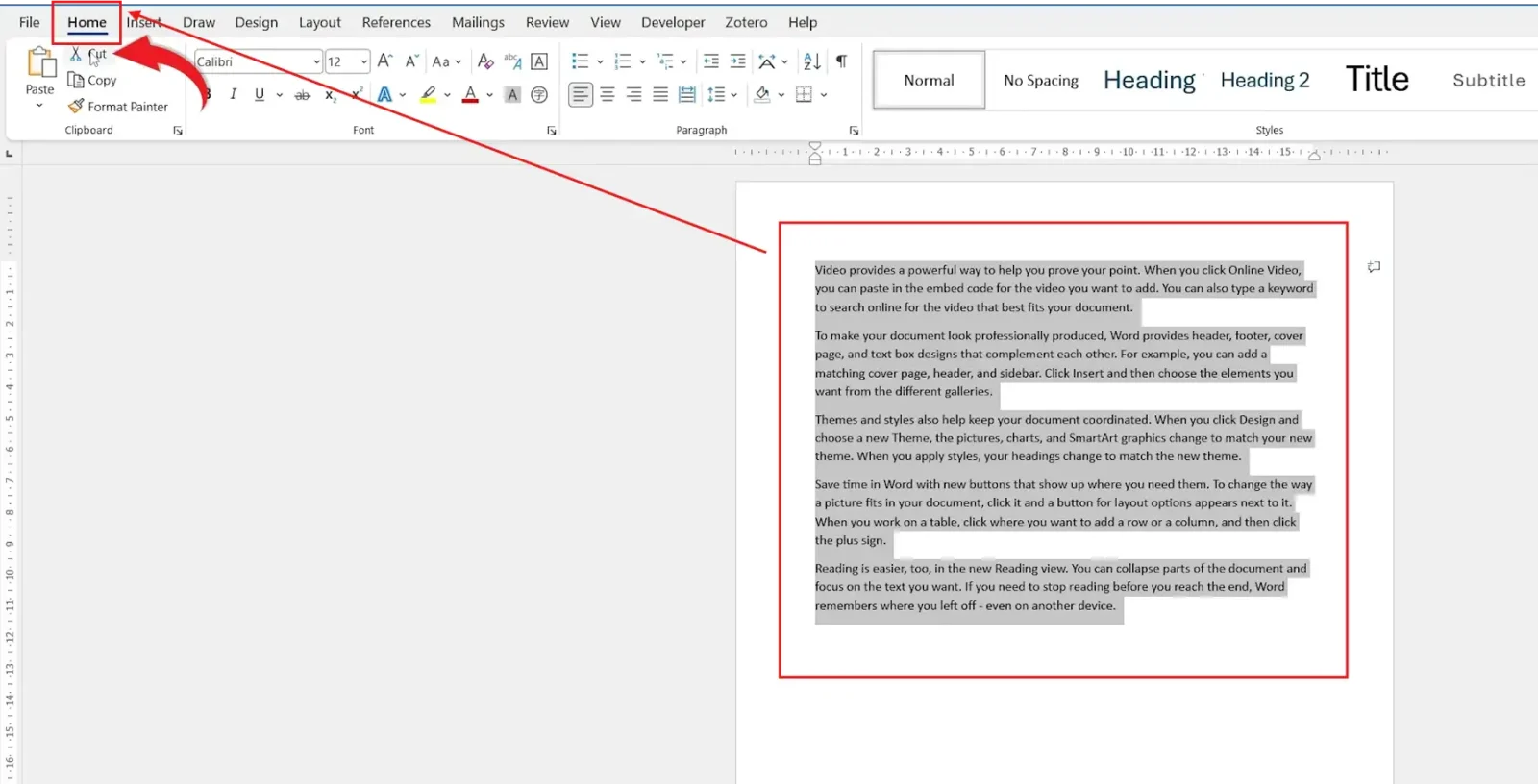 Microsoft Word Home tab showing the Copy command in the Clipboard group to copy and paste in Word.