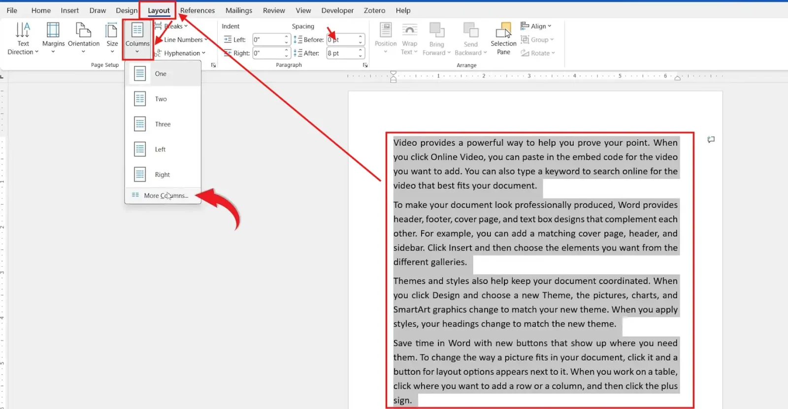 Word Layout tab with Columns dropdown open showing Two and More Columns options for inserting a vertical line between columns in Word