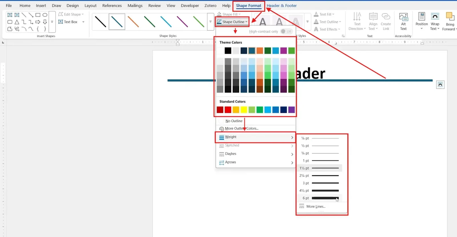 Add a line under a header in Word - Shape Outline menu for changing line colour and weight