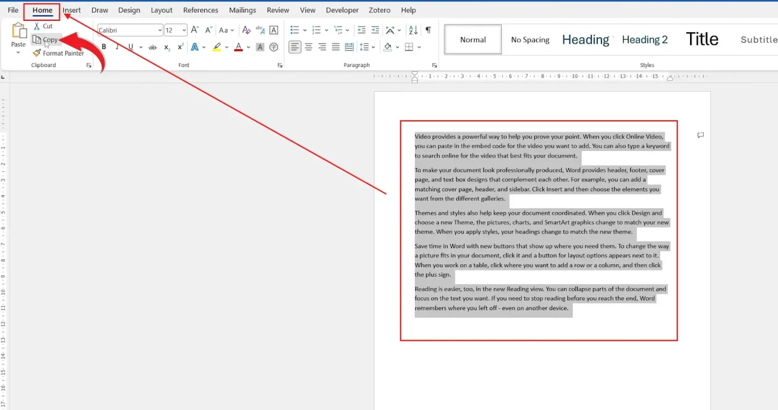 Microsoft Word Home tab showing the Cut command in the Clipboard group with selected text.