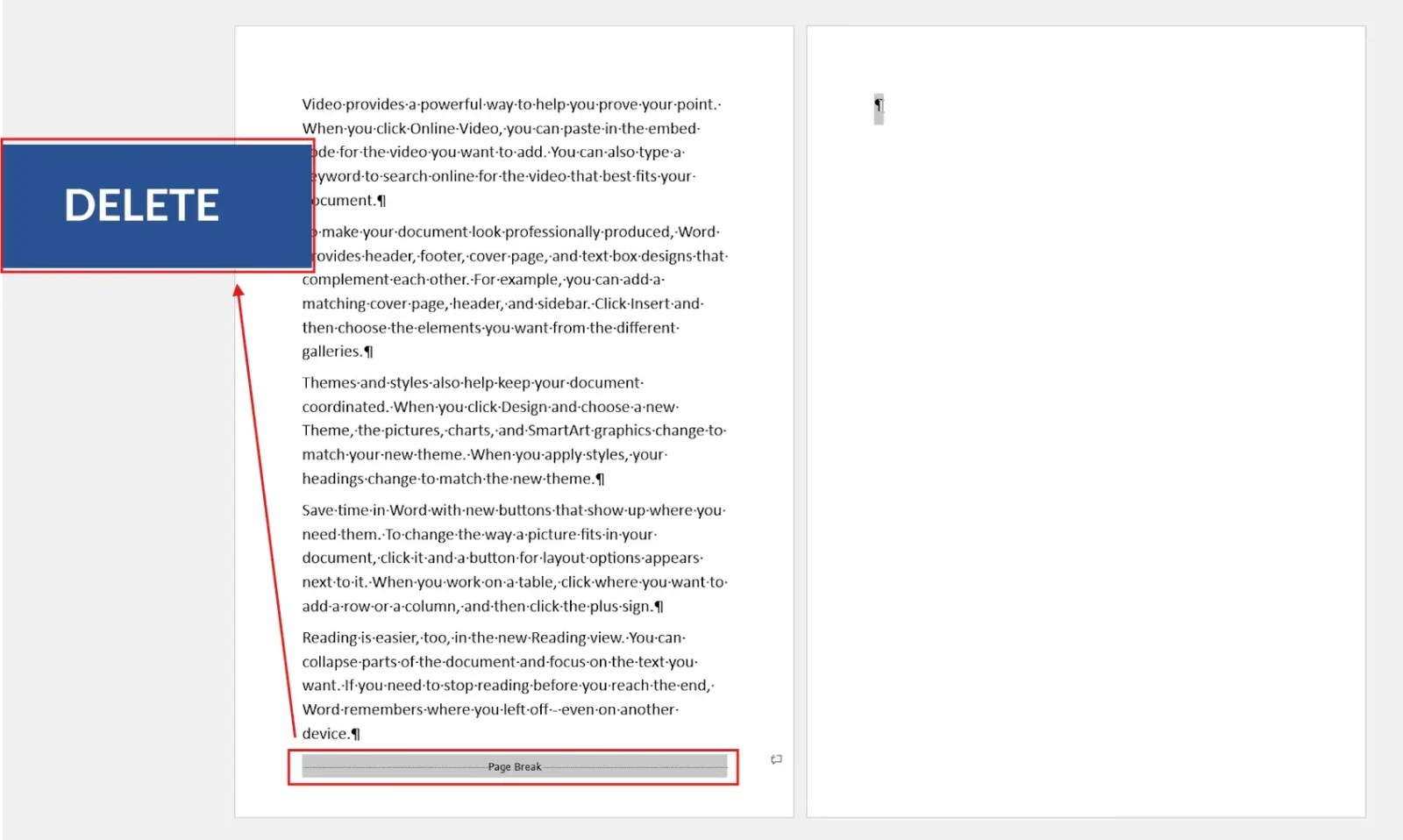 Microsoft Word document showing a selected page break highlighted before pressing Delete to remove a page break in Word