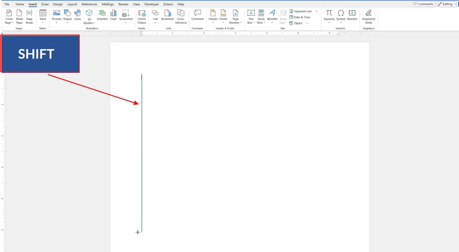 Word document with a vertical line being drawn while holding Shift to keep it perfectly straight when inserting a vertical line in Word