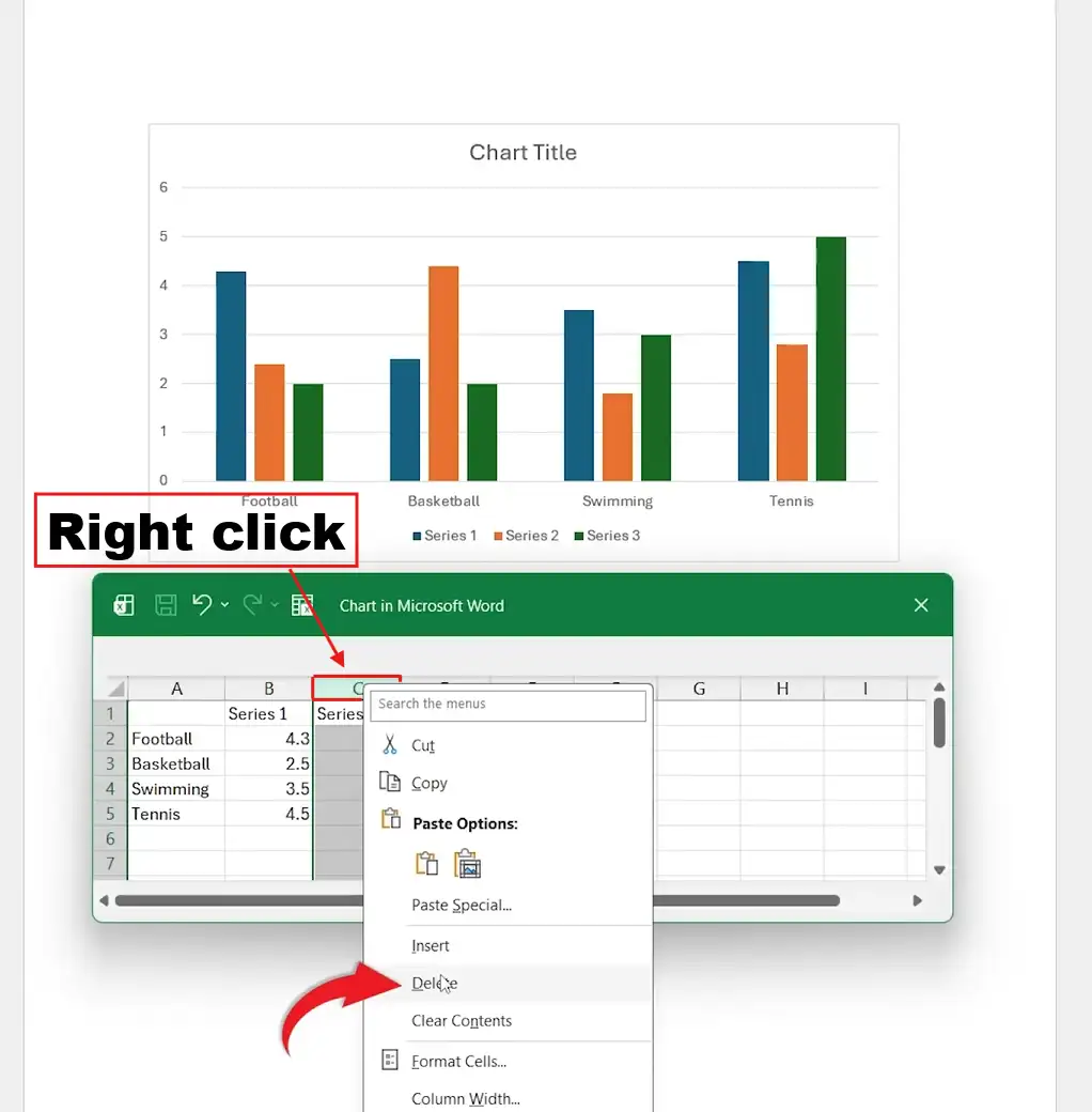 Microsoft Word chart data spreadsheet showing a data series being deleted to make a bar graph in Word cleaner.