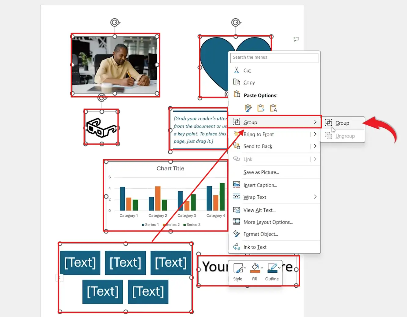 Microsoft Word right-click context menu showing the Group option to group objects in Word