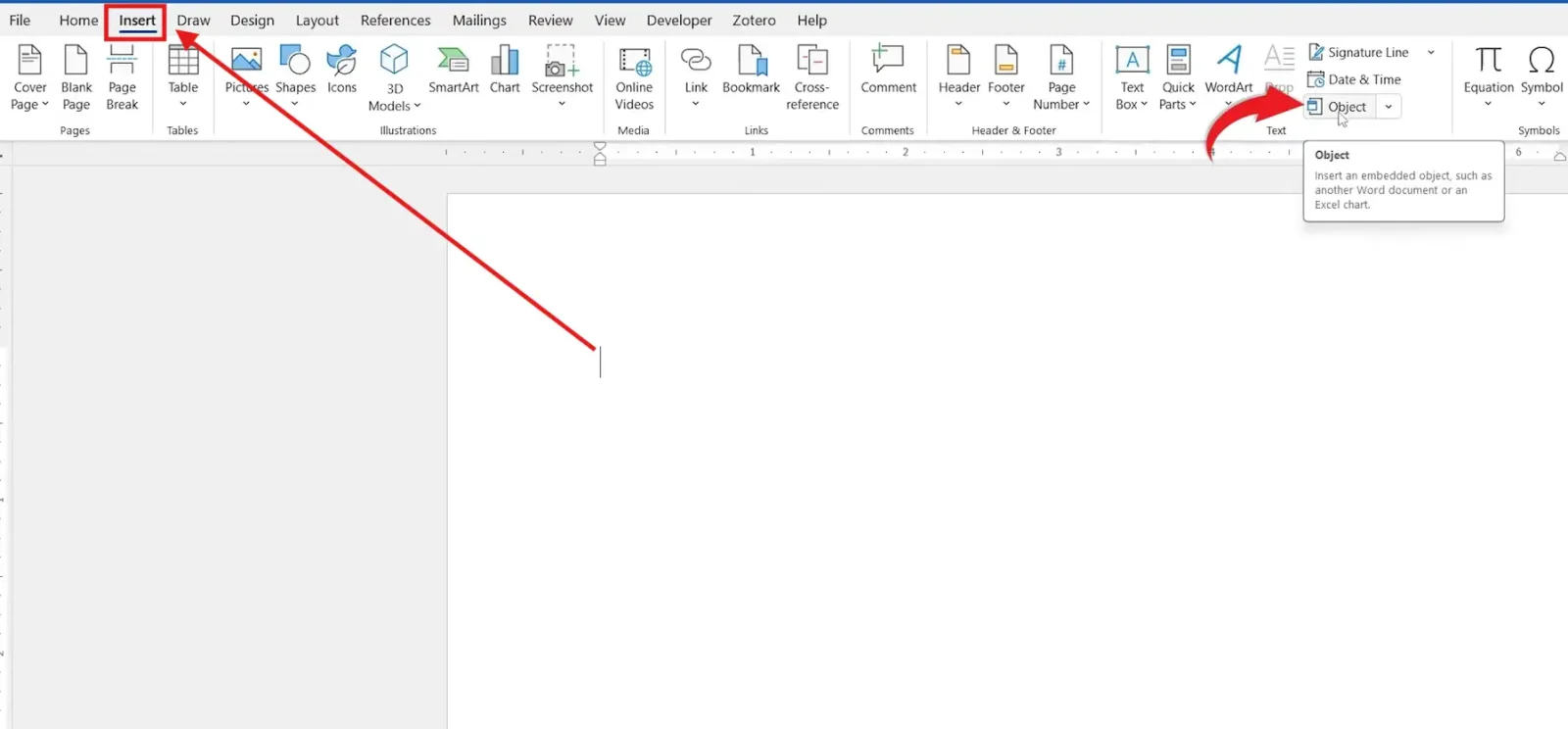 Microsoft Word Insert tab showing the Object option used to insert a PDF into Word.
