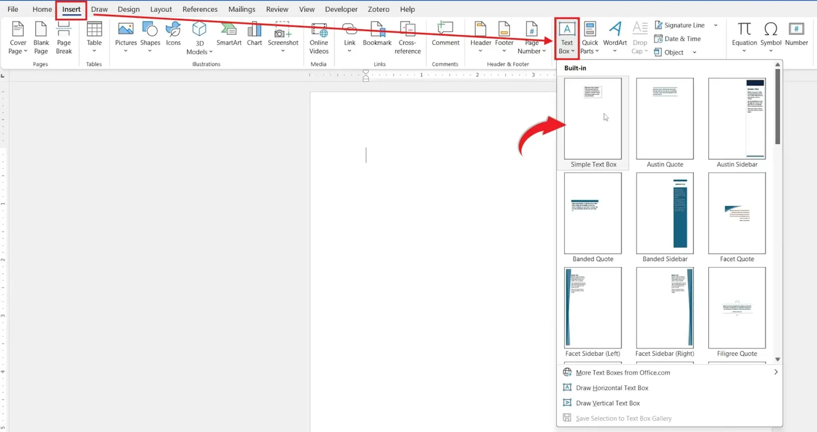 Word Insert tab with Text Box menu open and Simple Text Box selected as the first step to rotate text in Word