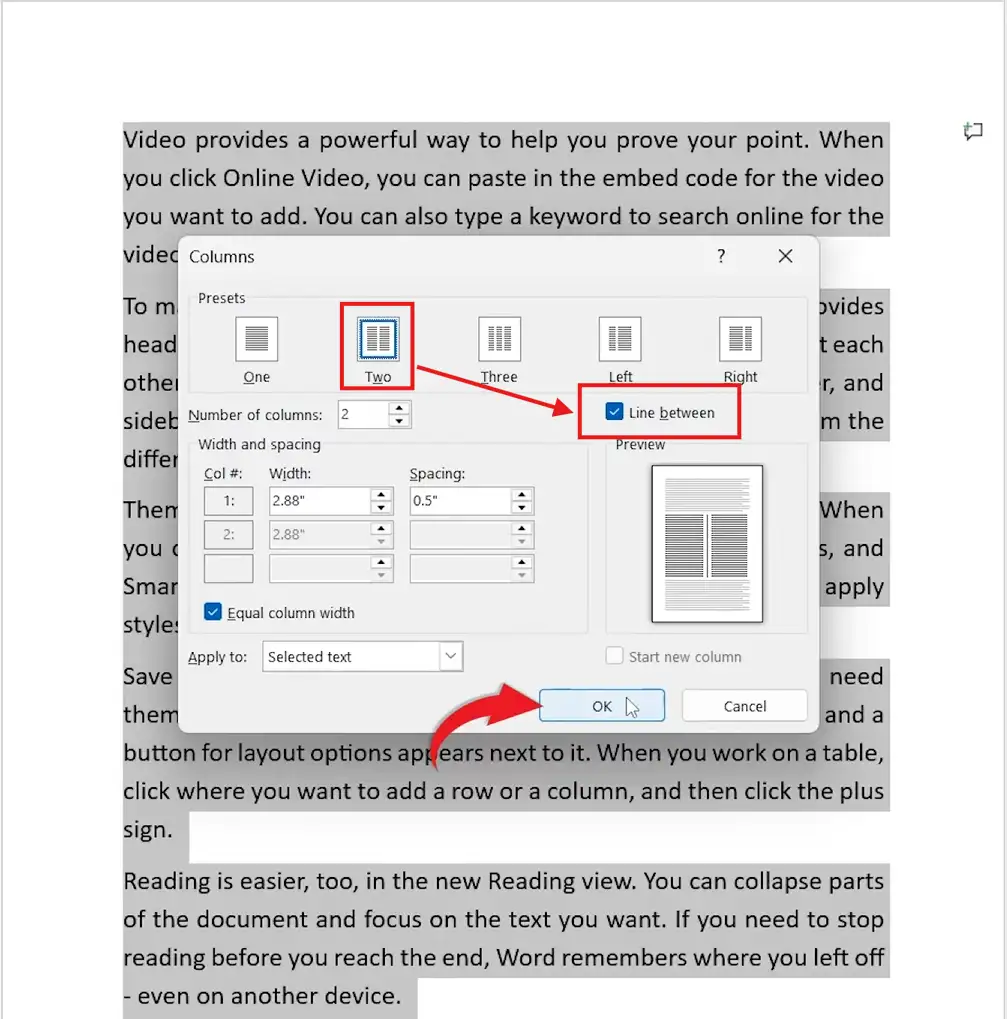 Word Columns dialog with Two Columns selected and the Line Between checkbox ticked to insert a vertical line in Word between text columns