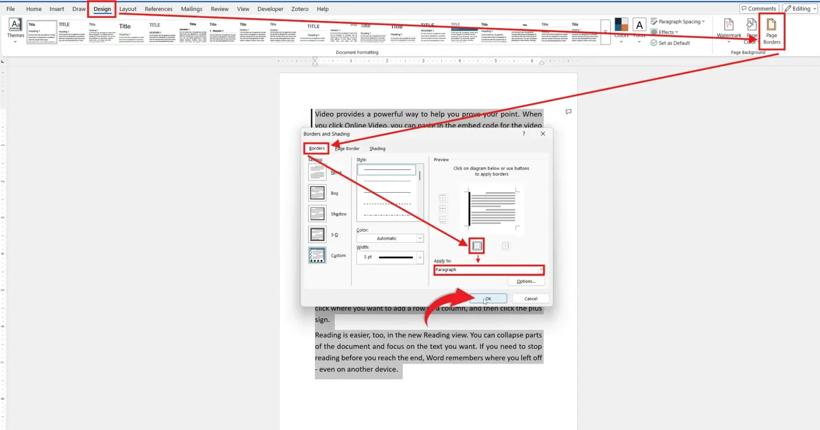 Word Borders and Shading dialog with left border selected in the preview to insert a vertical line in Word alongside a paragraph