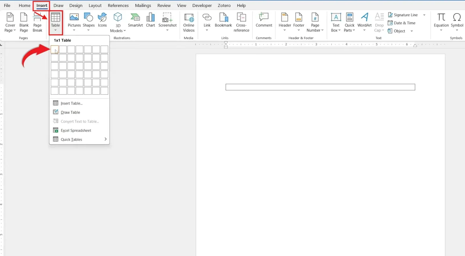 Word Insert tab with Table menu open showing a 1x2 table being created to insert a vertical line in Word using table borders