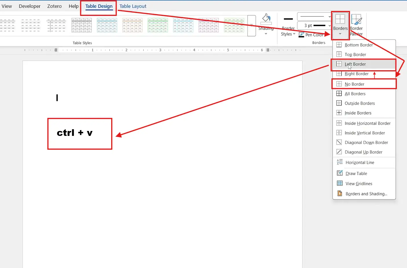 Word Table Design tab with Borders menu showing Inside Vertical Border selected to insert a vertical line in Word between two table cells