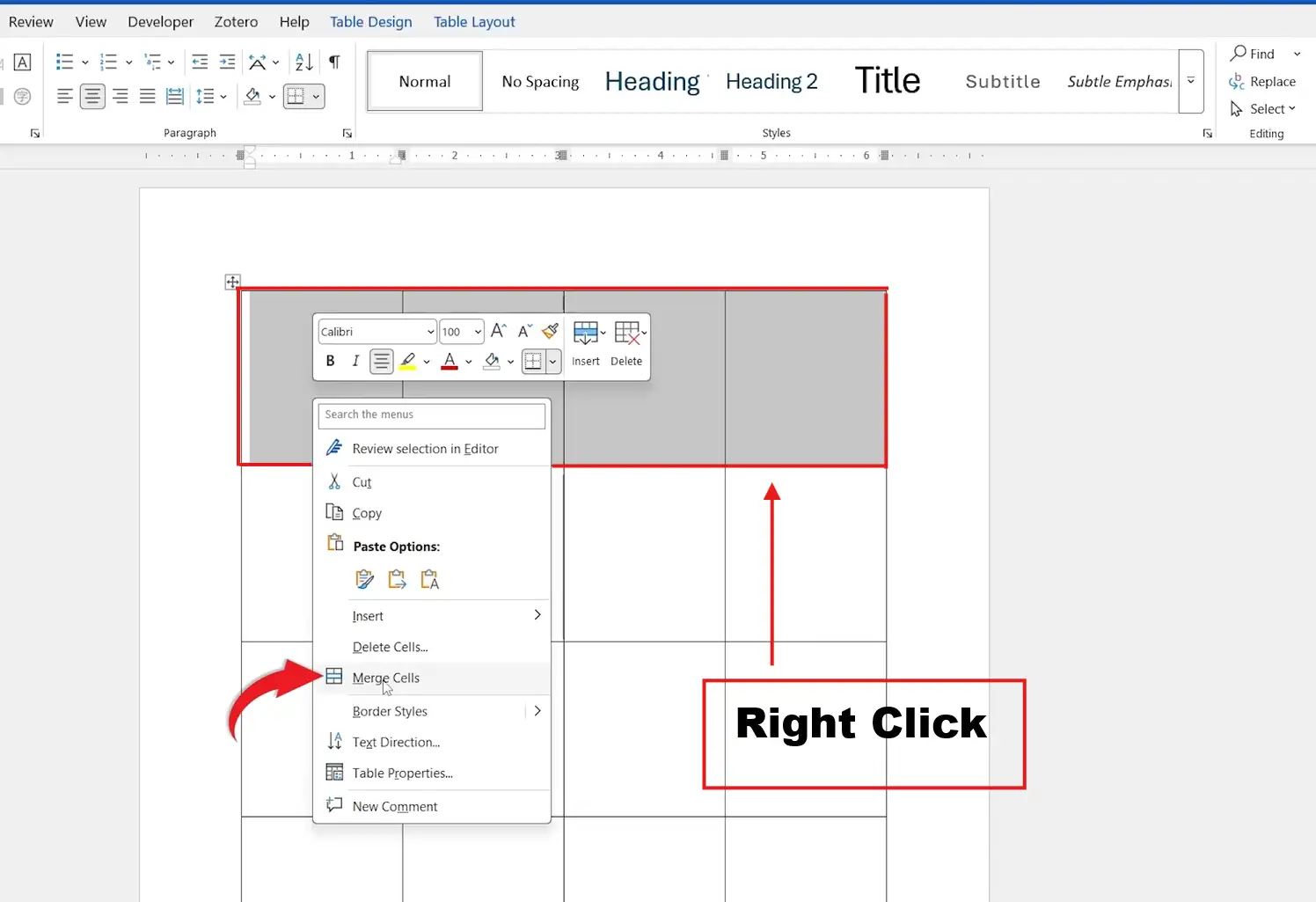 Word table with multiple cells selected and the right-click context menu open showing the Merge Cells option to merge cells in Word