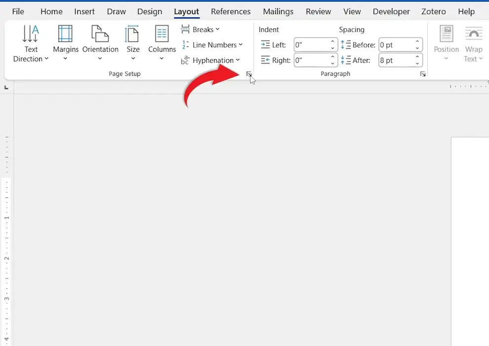 Microsoft Word Layout tab showing the Page Setup dialog launcher arrow used to open paper size settings.