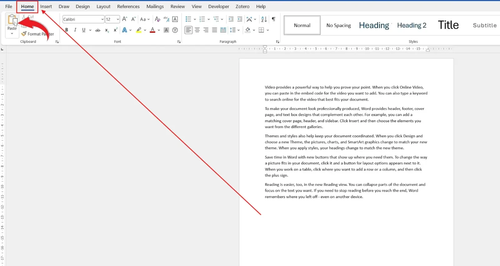 Microsoft Word Home tab showing the Paste button in the Clipboard group to copy and paste in Word.