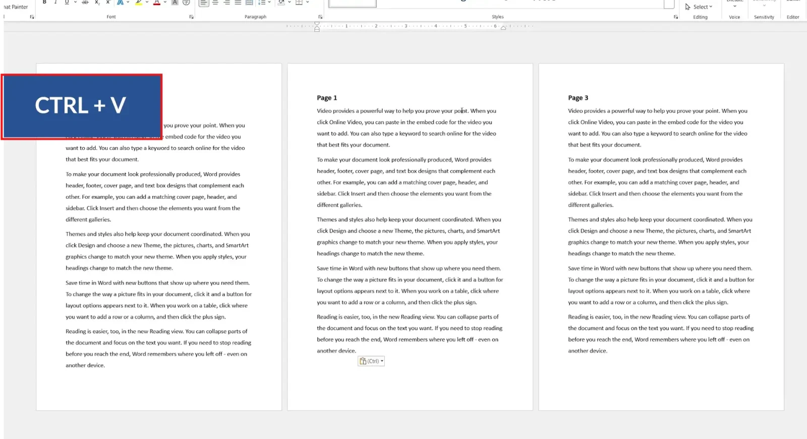 Microsoft Word document showing content pasted with Ctrl+V to rearrange pages in Word.