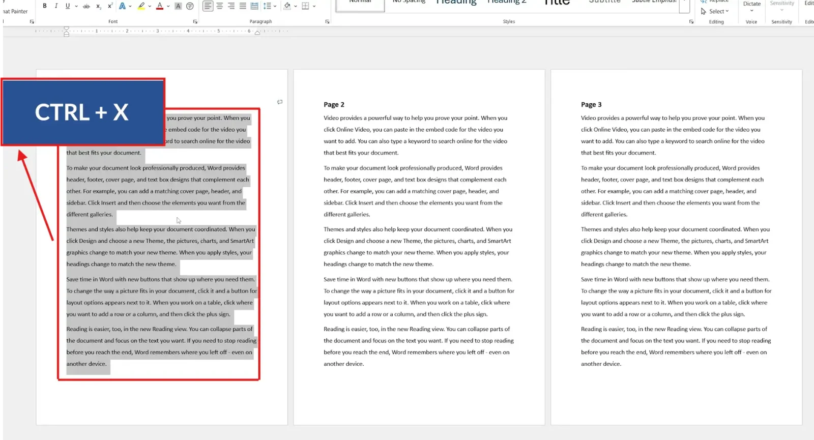 Microsoft Word document showing content cut with Ctrl+X to rearrange pages in Word.