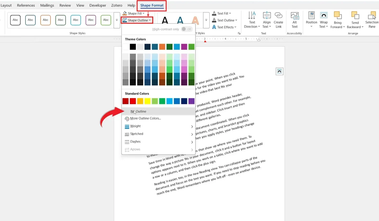 Word Shape Format tab with Shape Outline menu open and No Outline selected to remove the text box border after rotating text in Word