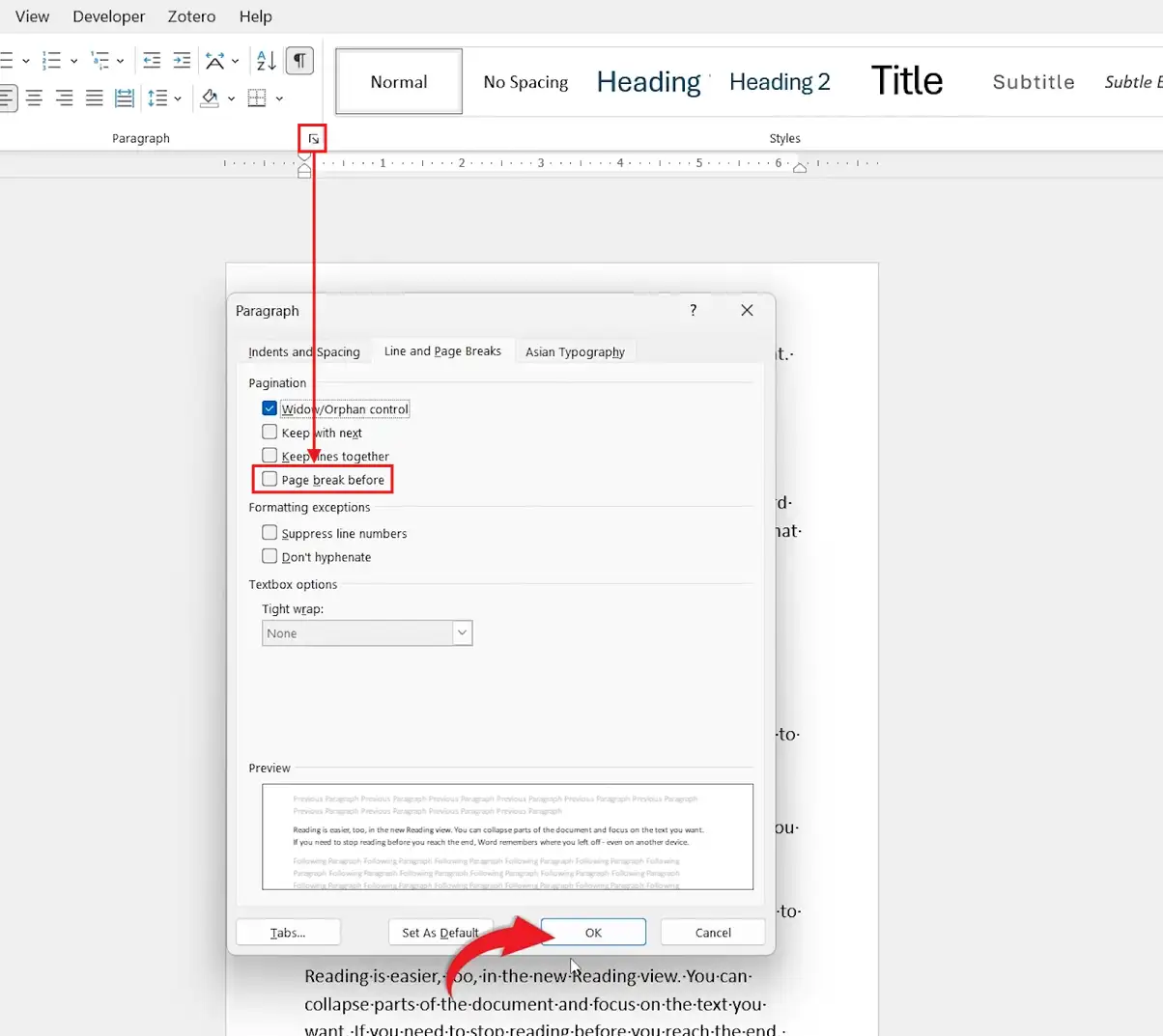 Microsoft Word Paragraph settings dialog showing Page Break Before unchecked to remove a page break in Word