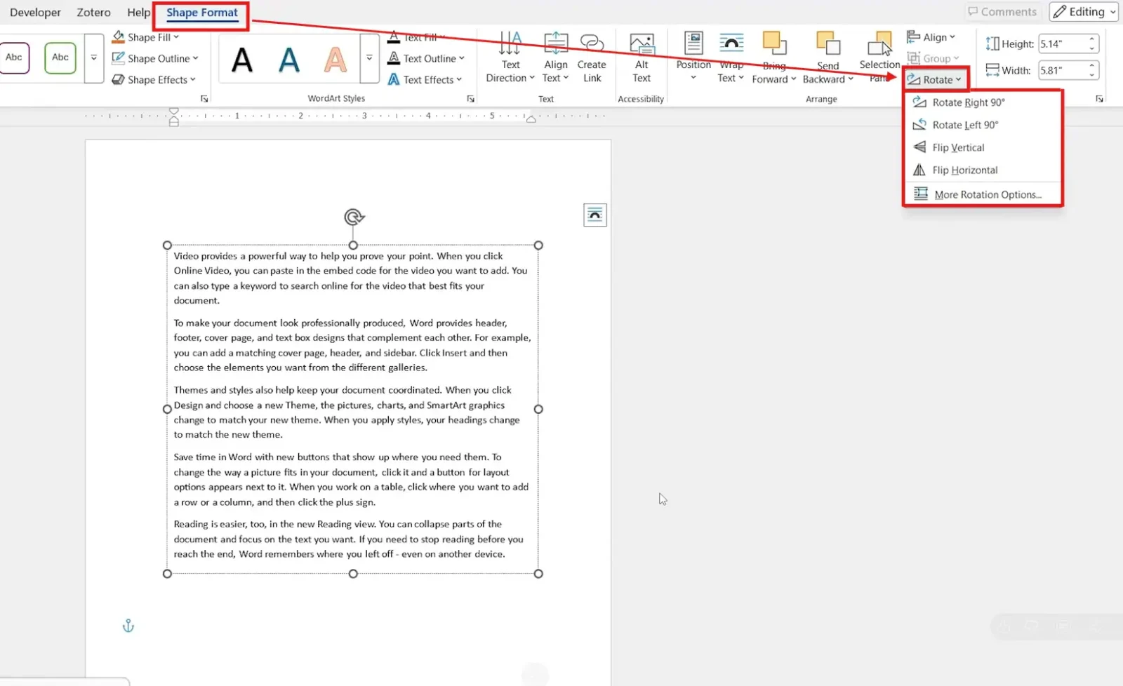 Word Shape Format tab with the Rotate menu open showing preset rotation options to rotate text in Word to exact angles