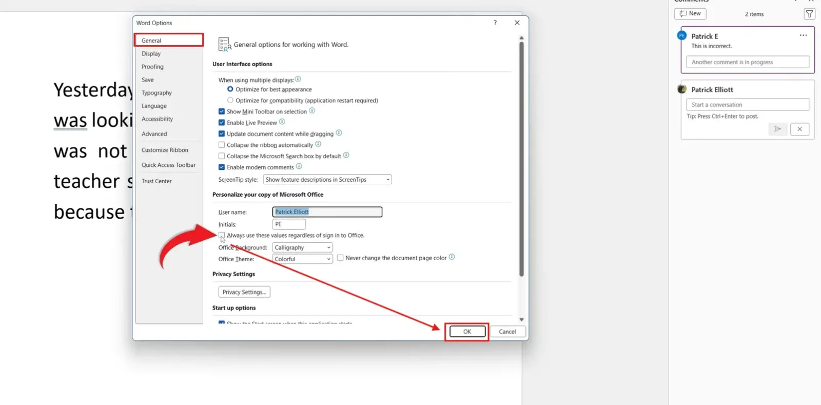 Microsoft Word Options General page with the user name section highlighted and the OK button selected to save Track Changes author settings.