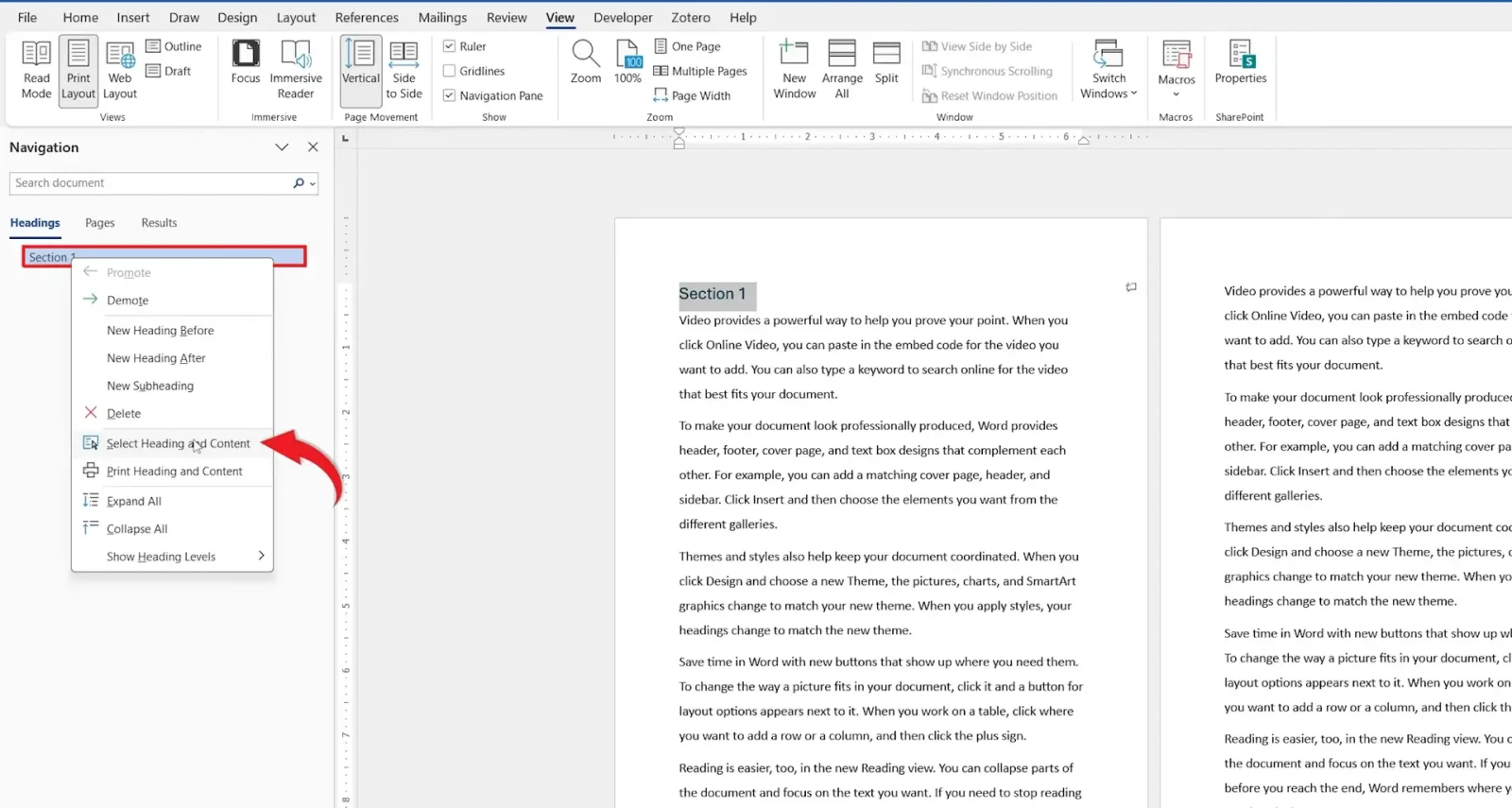 Word View tab with Navigation Pane enabled showing document headings for duplicating a page in Word