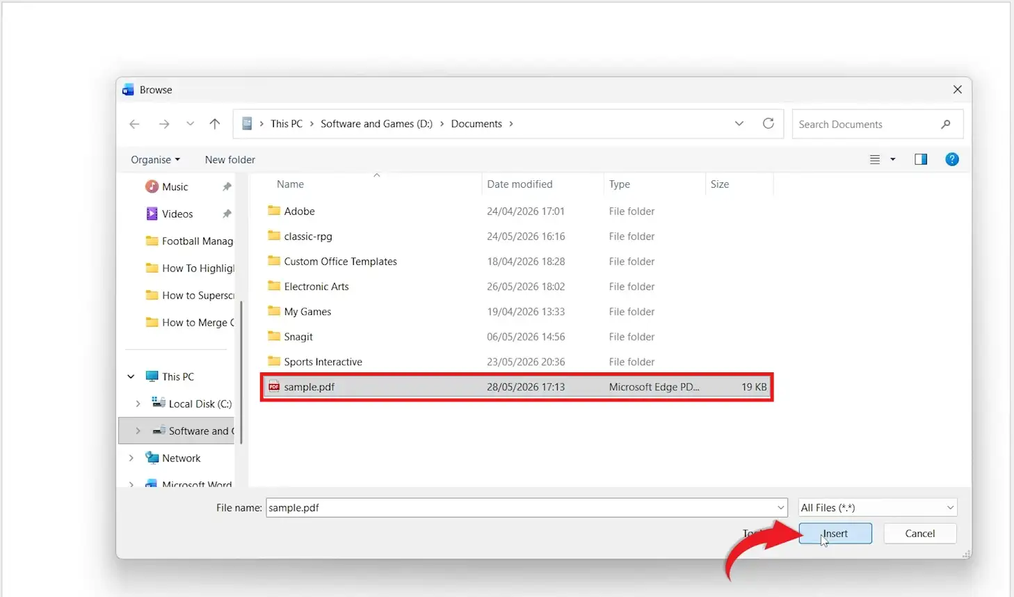 Windows file browser with a PDF file selected and the Insert button highlighted to insert a PDF into Word.
