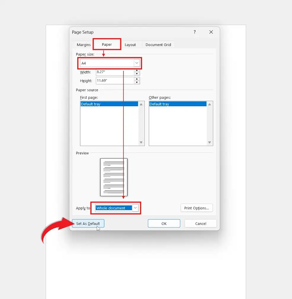 Microsoft Word Page Setup window showing the Paper tab with A4 selected and the Set As Default button highlighted.