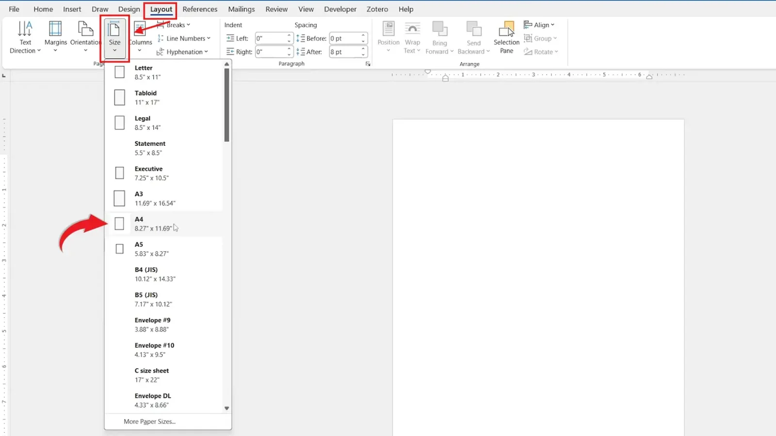 Microsoft Word Layout tab showing the Size menu with A4 selected to set A4 as default in Word.