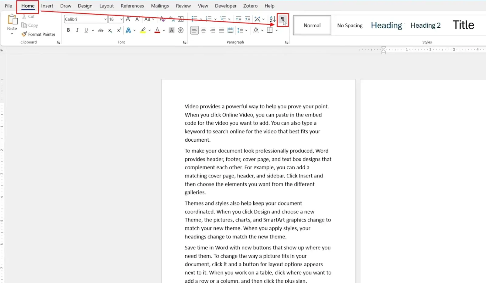Microsoft Word Home tab showing the Show/Hide formatting marks button used to display hidden page breaks