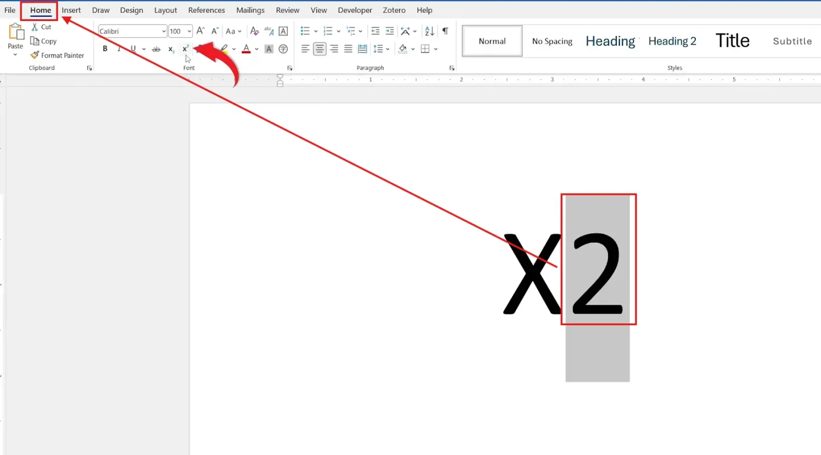 Word Home tab Font group with the Superscript button highlighted for applying superscript in Word to the expression X²