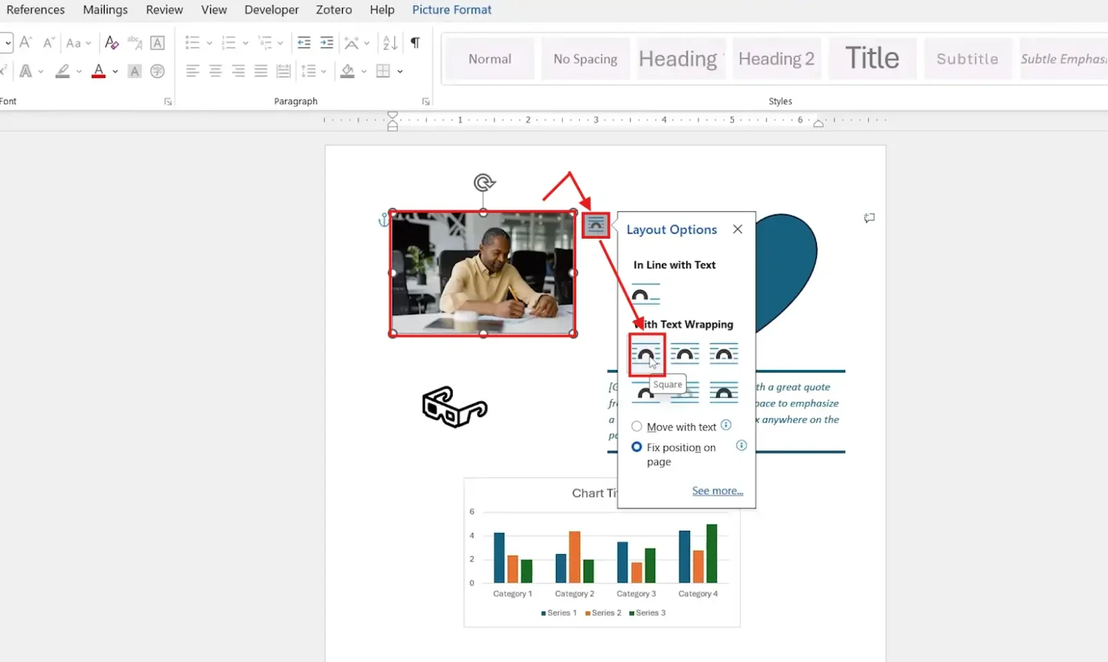 Microsoft Word Layout Options menu showing Square text wrapping selected for group objects in Word