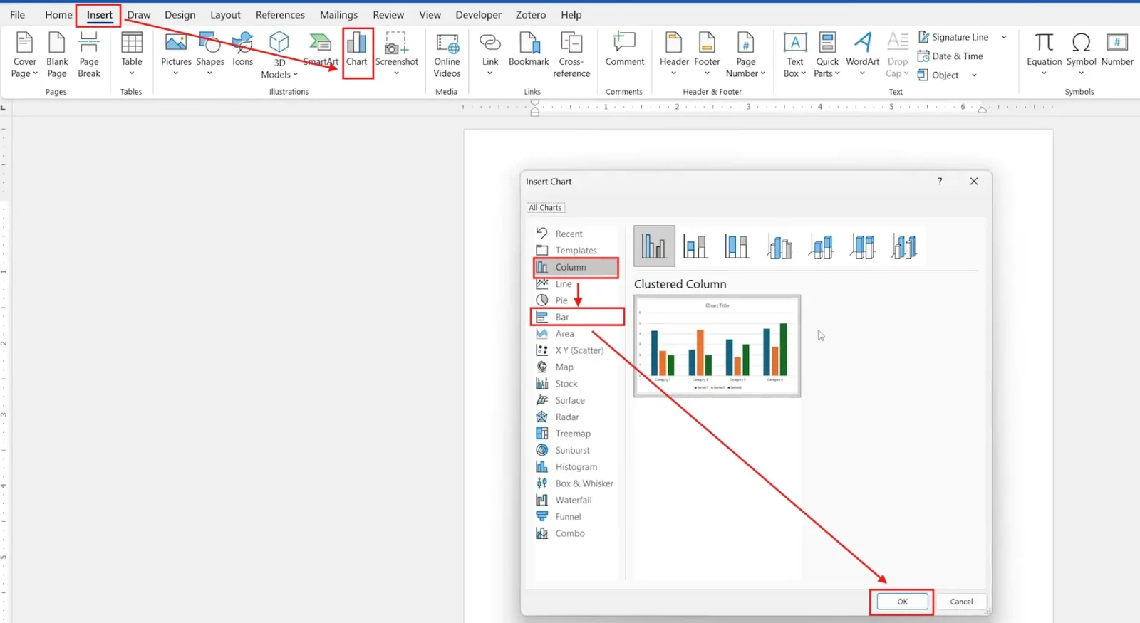 Microsoft Word Insert Chart window used to make a bar graph in Word by selecting a bar or column chart style.