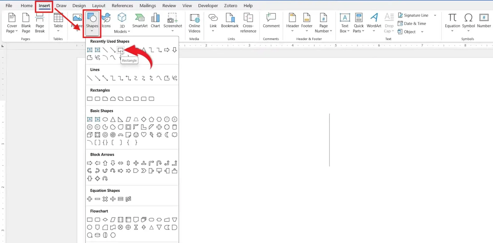 Microsoft Word Insert tab showing the Shapes menu with Rectangle selected as the first step to blur text in Word.