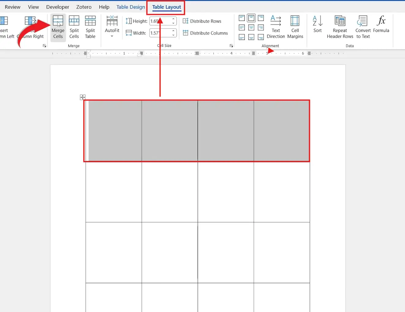 Word Table Layout tab with the Merge Cells button highlighted in the Merge group to merge cells in Word from the ribbon