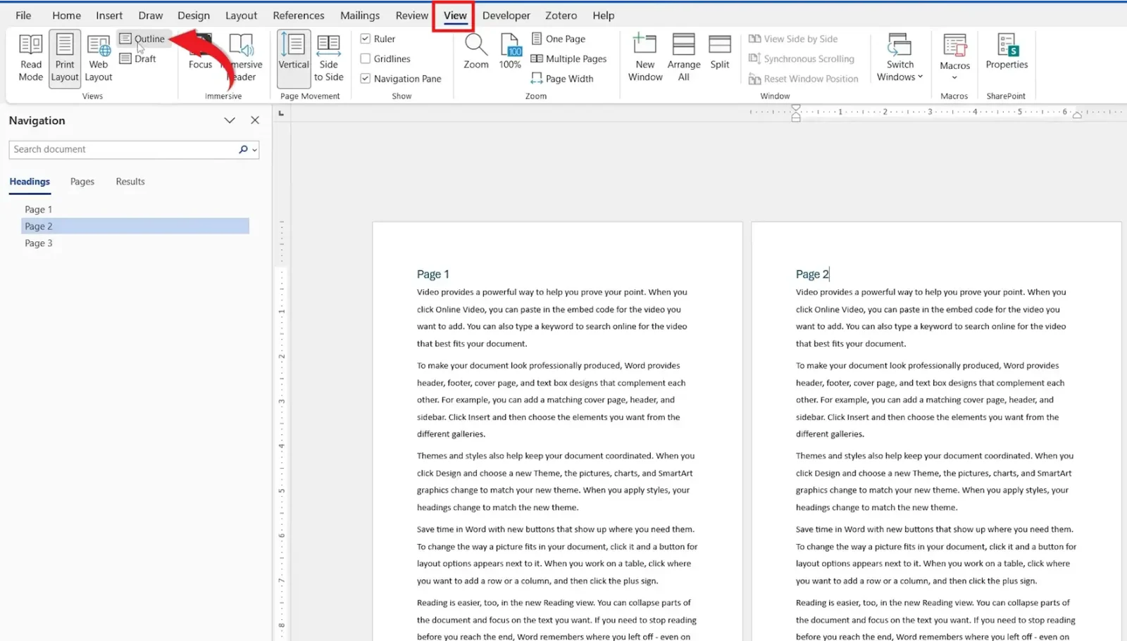 Microsoft Word Outline View showing document headings used to rearrange pages in Word.