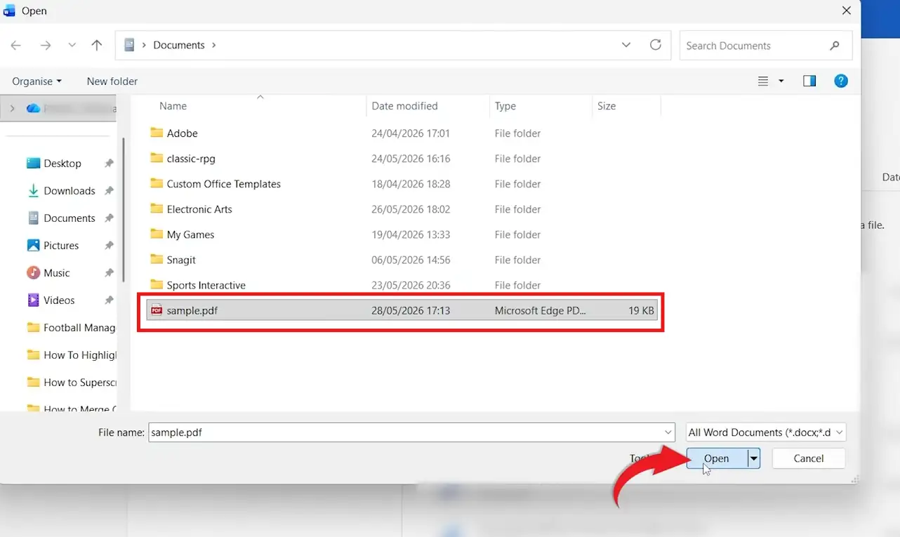 Windows file explorer in Microsoft Word with a PDF file selected and the Open button highlighted for conversion.