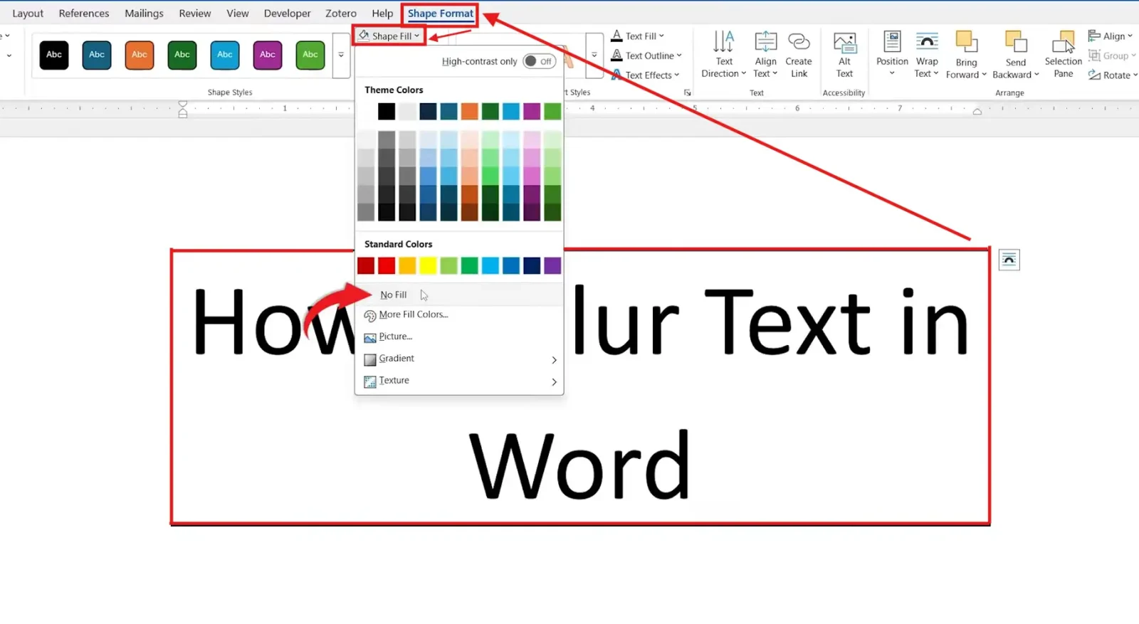Microsoft Word Shape Format tab showing Shape Fill set to No Fill as part of the process to blur text in Word.